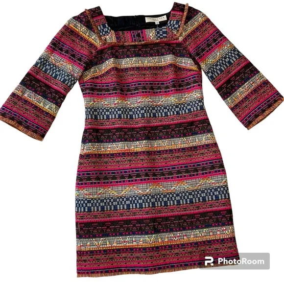 Trina Turk Layke Multi-Color Fringe Designer Dress Square Neck 3/4 Sleeves 2 - Picture 3 of 15